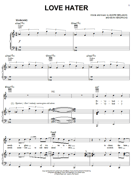 OutKast Love Hater sheet music notes and chords arranged for Piano, Vocal & Guitar Chords (Right-Hand Melody)