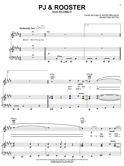 OutKast PJ & Rooster sheet music notes and chords arranged for Piano, Vocal & Guitar Chords (Right-Hand Melody)