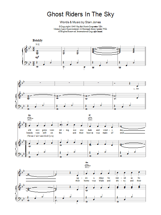 Outlaws Ghost Riders In The Sky sheet music notes and chords arranged for Piano, Vocal & Guitar Chords