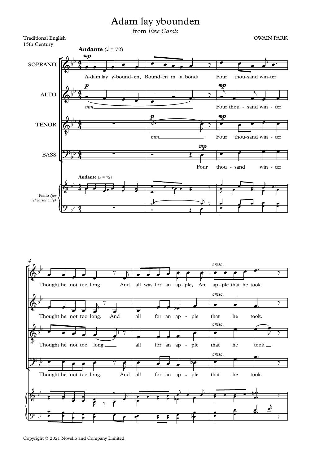 Owain Park Adam Lay Ybounden sheet music notes and chords arranged for SATB Choir