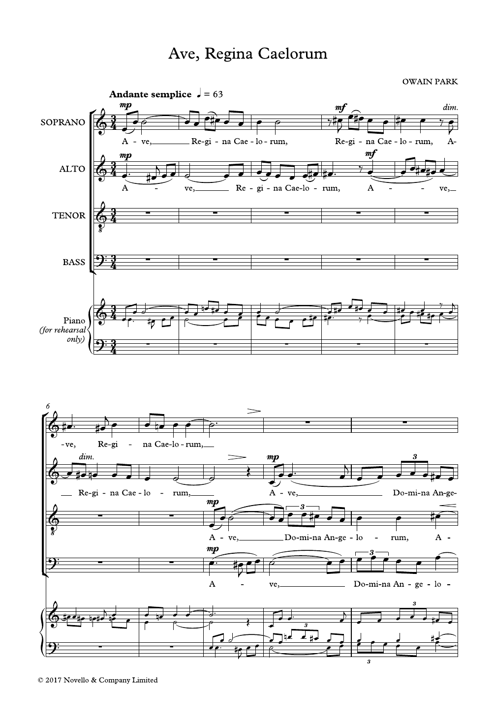 Owain Park Ave Regina Caelorum sheet music notes and chords arranged for SATB Choir