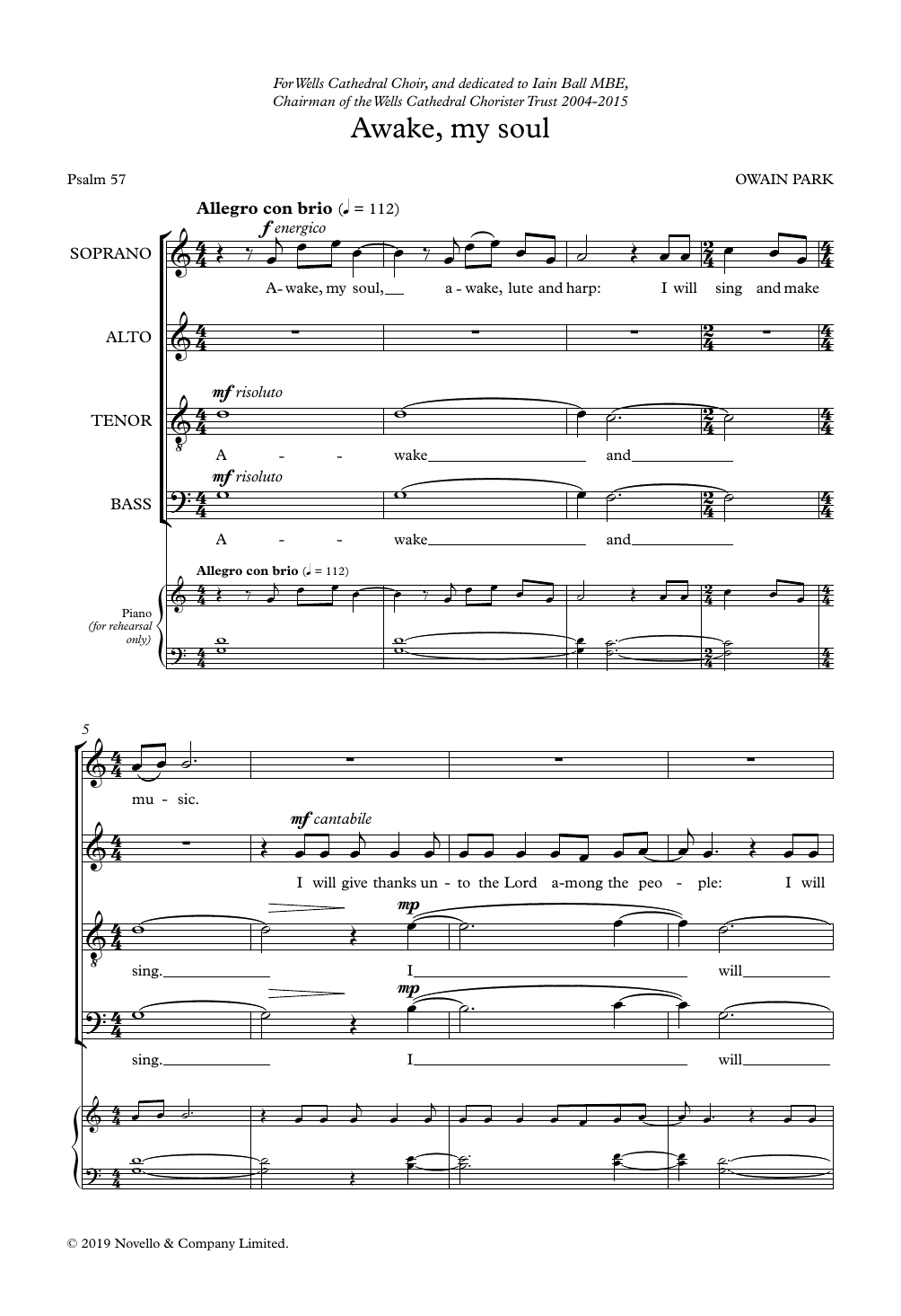 Owain Park Awake, my soul sheet music notes and chords arranged for SATB Choir