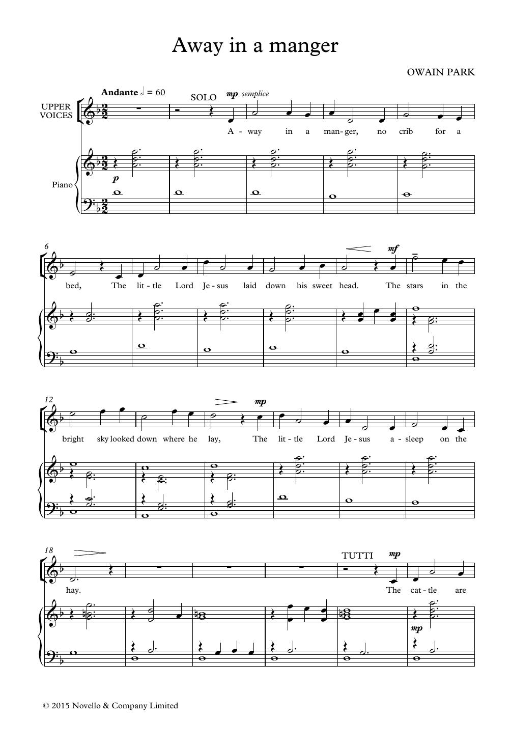 Owain Park Away In A Manger sheet music notes and chords arranged for Choir