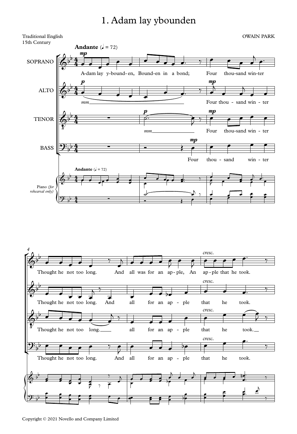 Owain Park Five Carols sheet music notes and chords arranged for SATB Choir