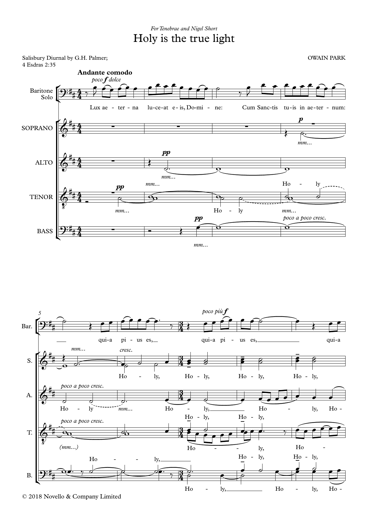 Owain Park Holy is the true light sheet music notes and chords arranged for SATB Choir