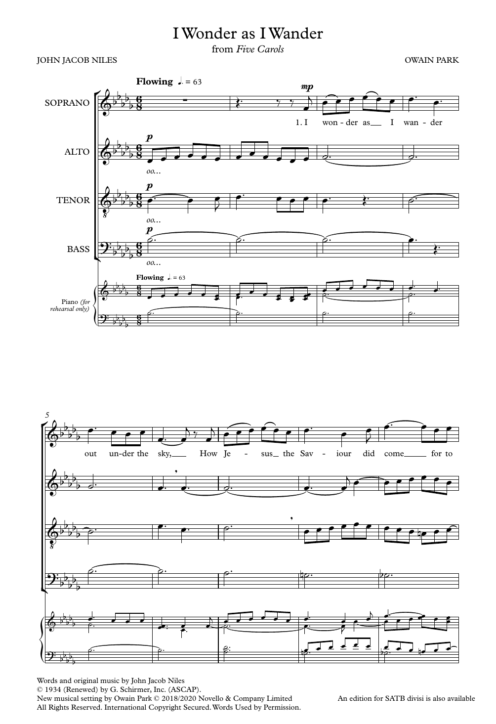 Owain Park I Wonder as I Wander sheet music notes and chords arranged for SATB Choir