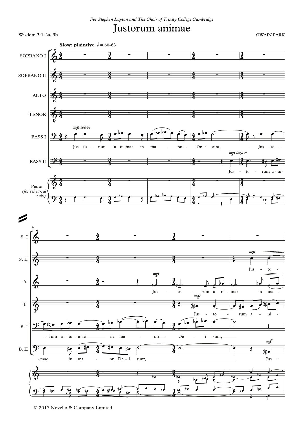 Owain Park Justorum Animae sheet music notes and chords arranged for SATB Choir