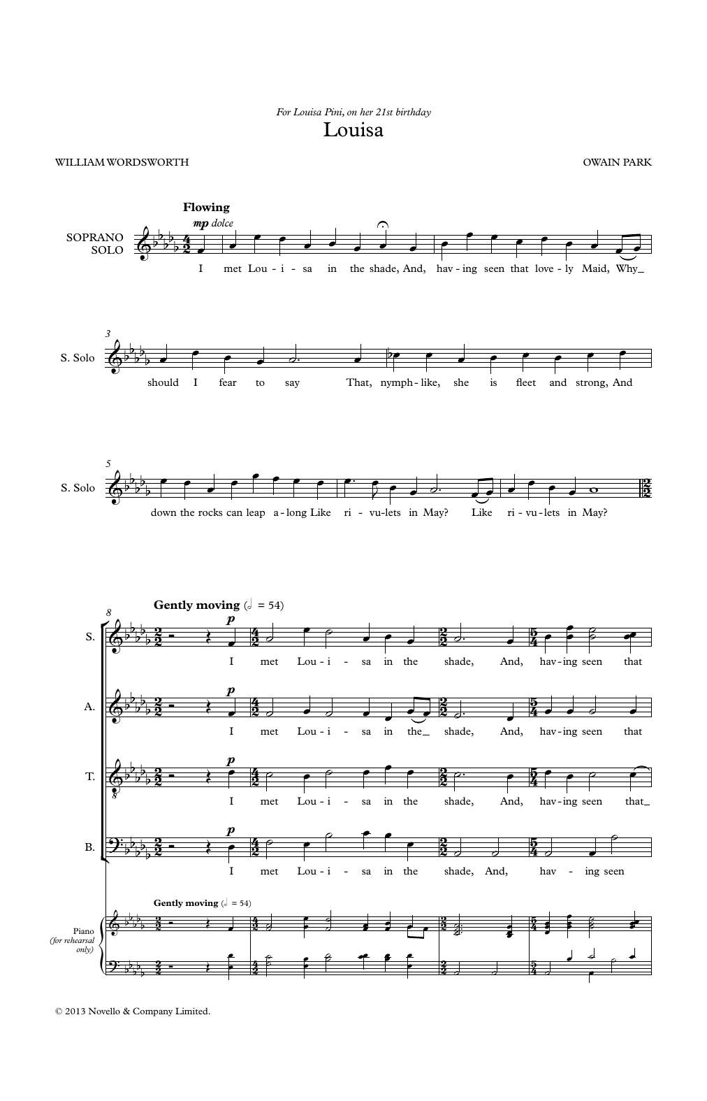Owain Park Louisa sheet music notes and chords arranged for SATB Choir