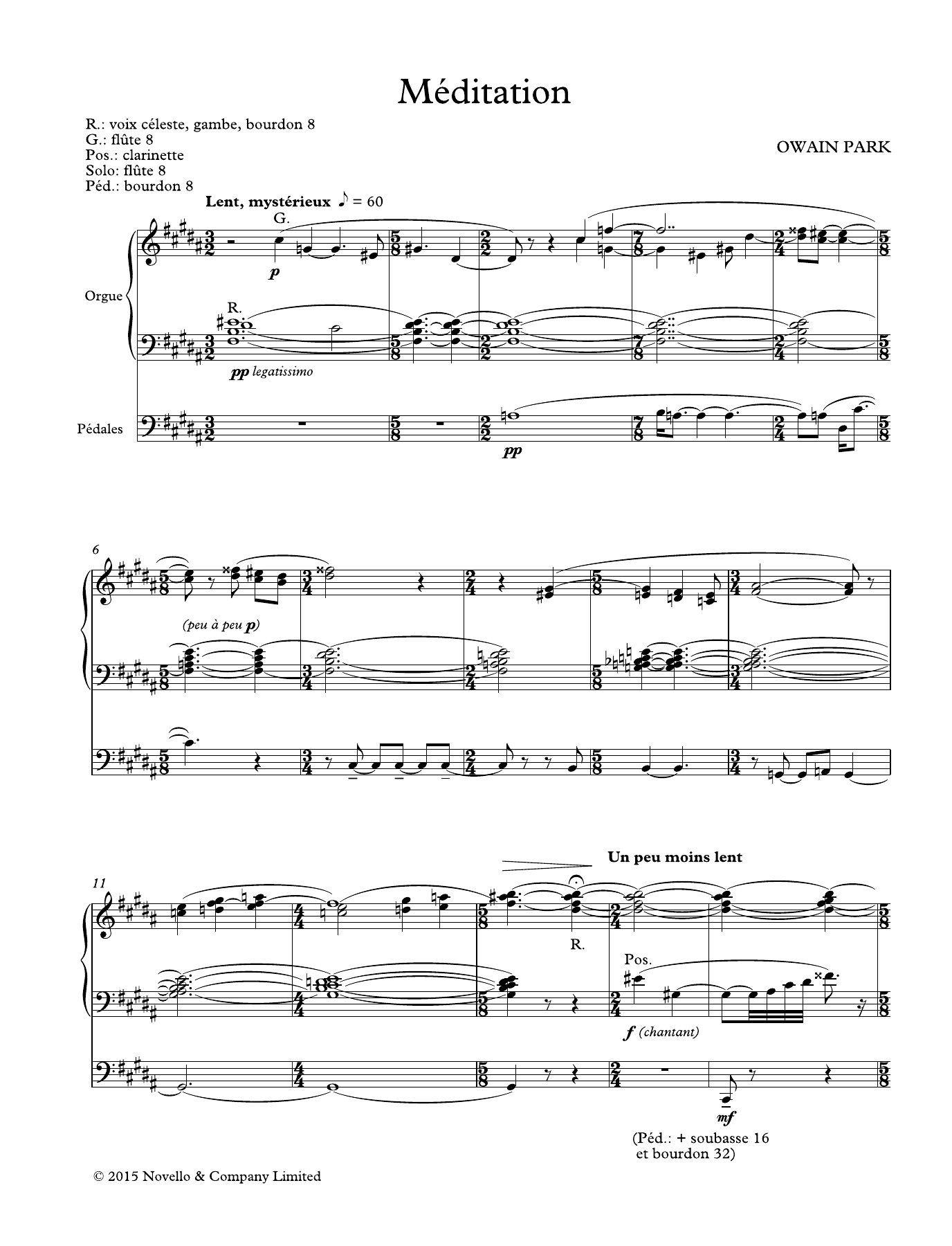 Owain Park Méditation sheet music notes and chords arranged for Organ