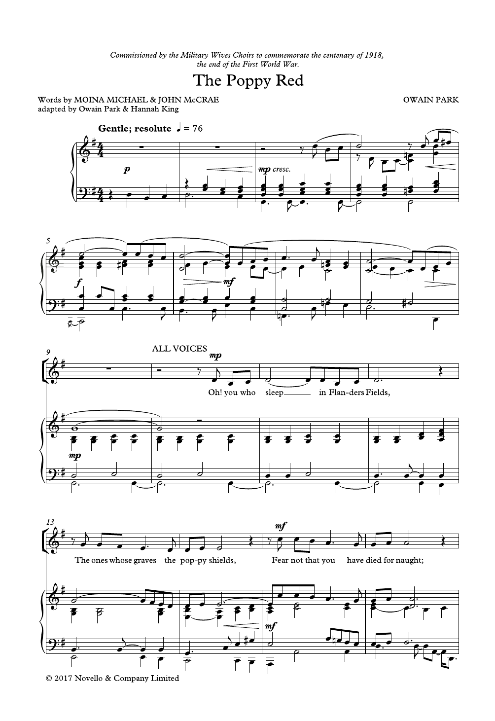 Owain Park The Poppy Red sheet music notes and chords arranged for 2-Part Choir