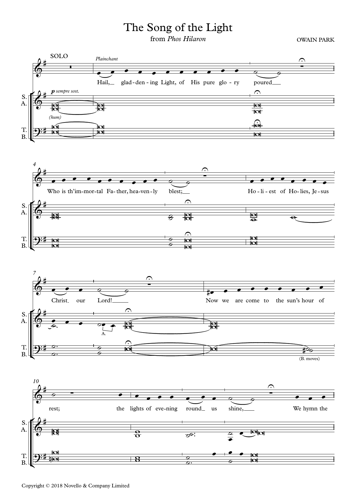 Owain Park The Song Of The Light (from Phos Hilaron) sheet music notes and chords arranged for SATB Choir