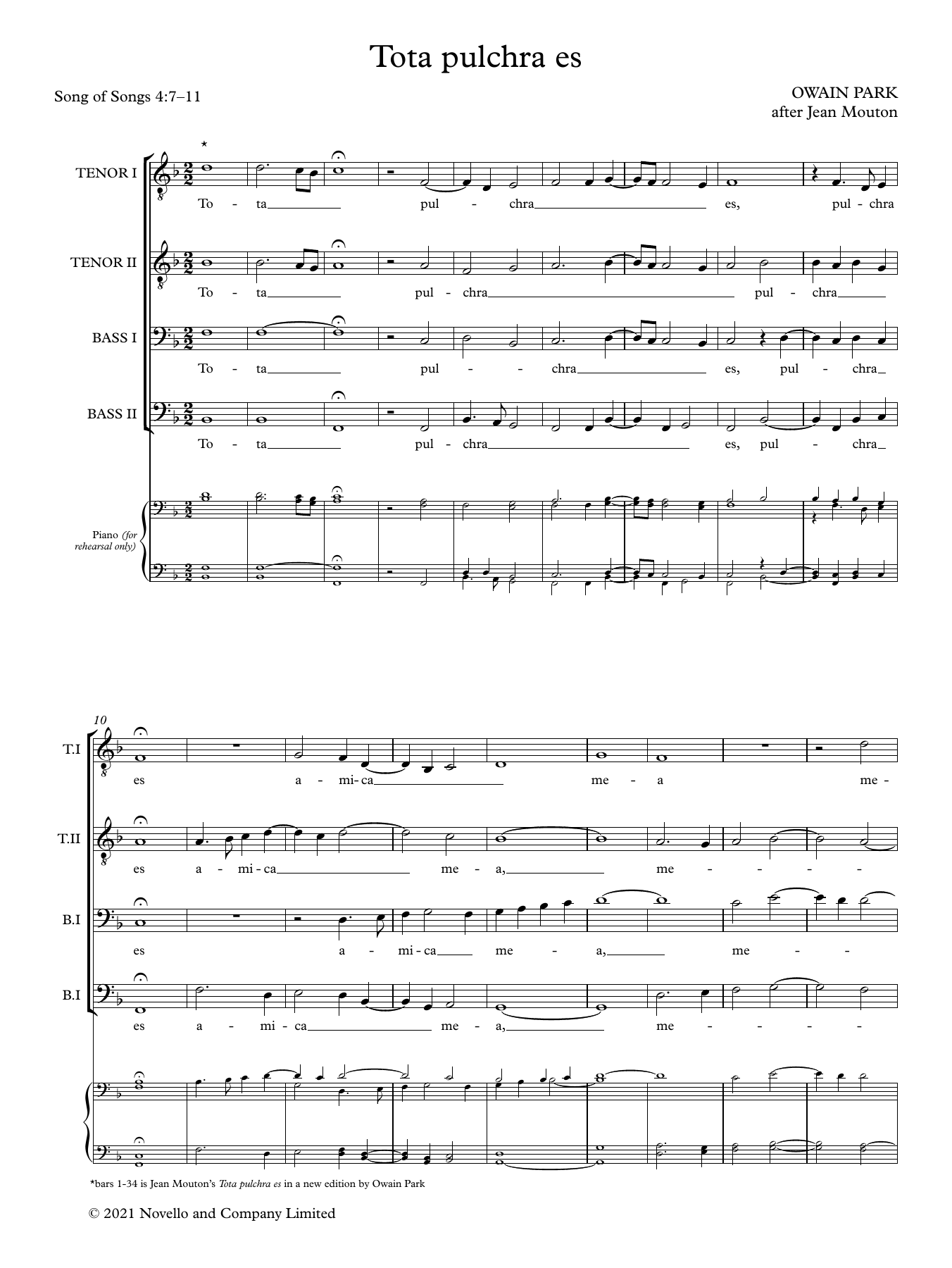 Owain Park Tota pulchra es (after Jean Mouton) sheet music notes and chords arranged for Choir