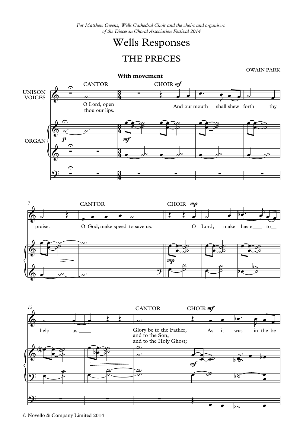 Owain Park Wells Responses sheet music notes and chords arranged for Unison Choir