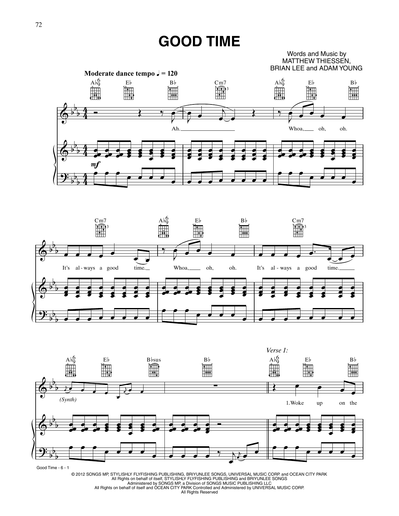 Owl City and Carly Rae Jepsen Good Time sheet music notes and chords arranged for Piano, Vocal & Guitar Chords (Right-Hand Melody)