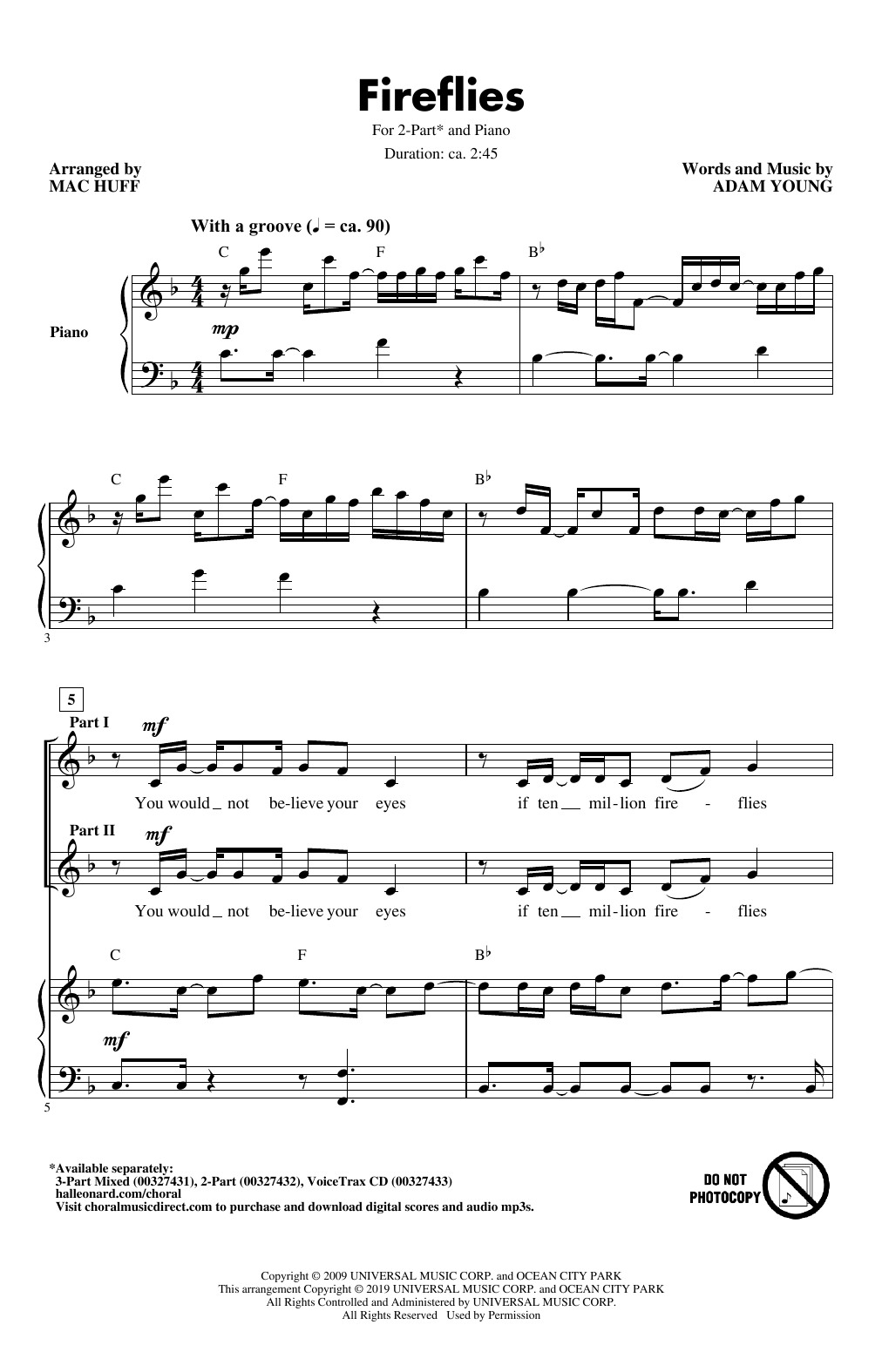 Owl City Fireflies (arr. Mac Huff) sheet music notes and chords arranged for 2-Part Choir