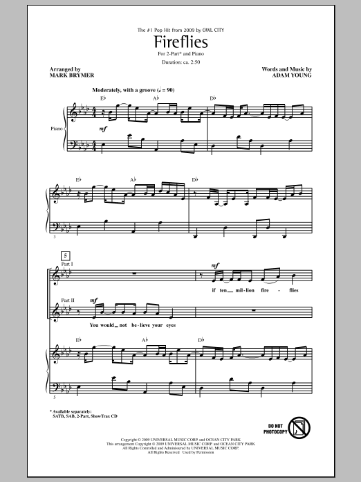 Owl City Fireflies (arr. Mark Brymer) sheet music notes and chords arranged for 2-Part Choir