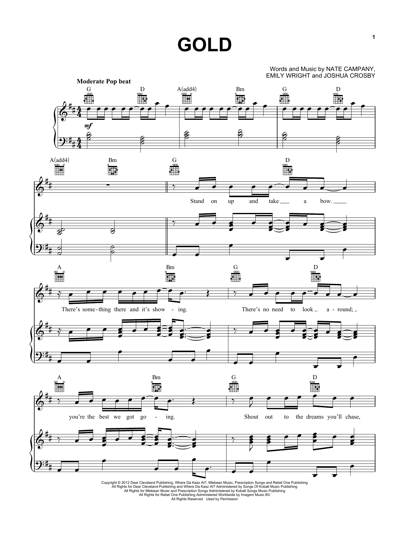 Owl City Gold sheet music notes and chords arranged for Piano, Vocal & Guitar Chords (Right-Hand Melody)