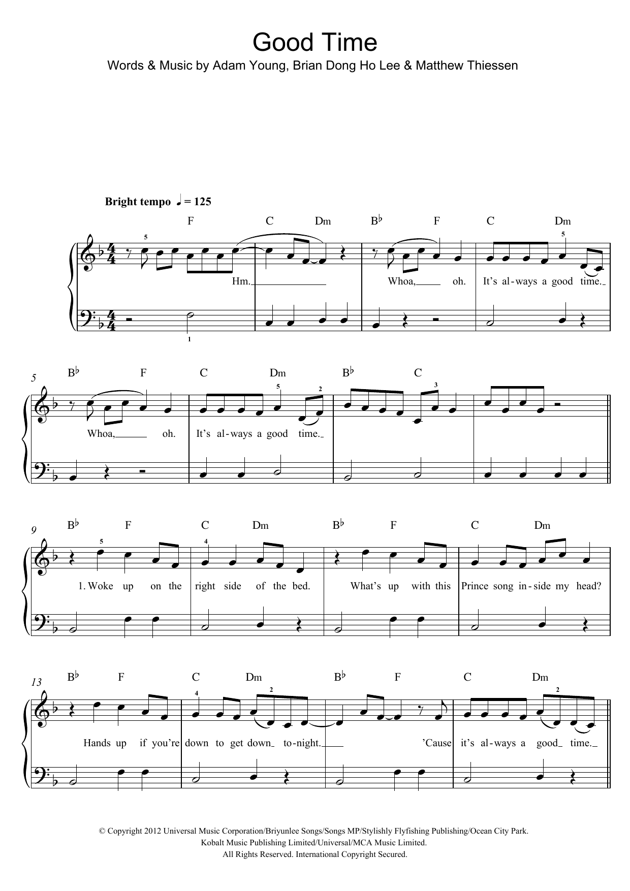 Owl City Good Time (feat. Carly Rae Jepsen) sheet music notes and chords arranged for Easy Piano