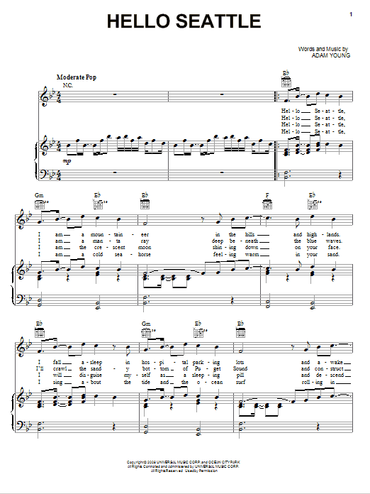 Owl City Hello Seattle sheet music notes and chords arranged for Piano, Vocal & Guitar Chords (Right-Hand Melody)