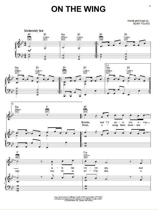 Owl City On The Wing sheet music notes and chords arranged for Piano, Vocal & Guitar Chords (Right-Hand Melody)