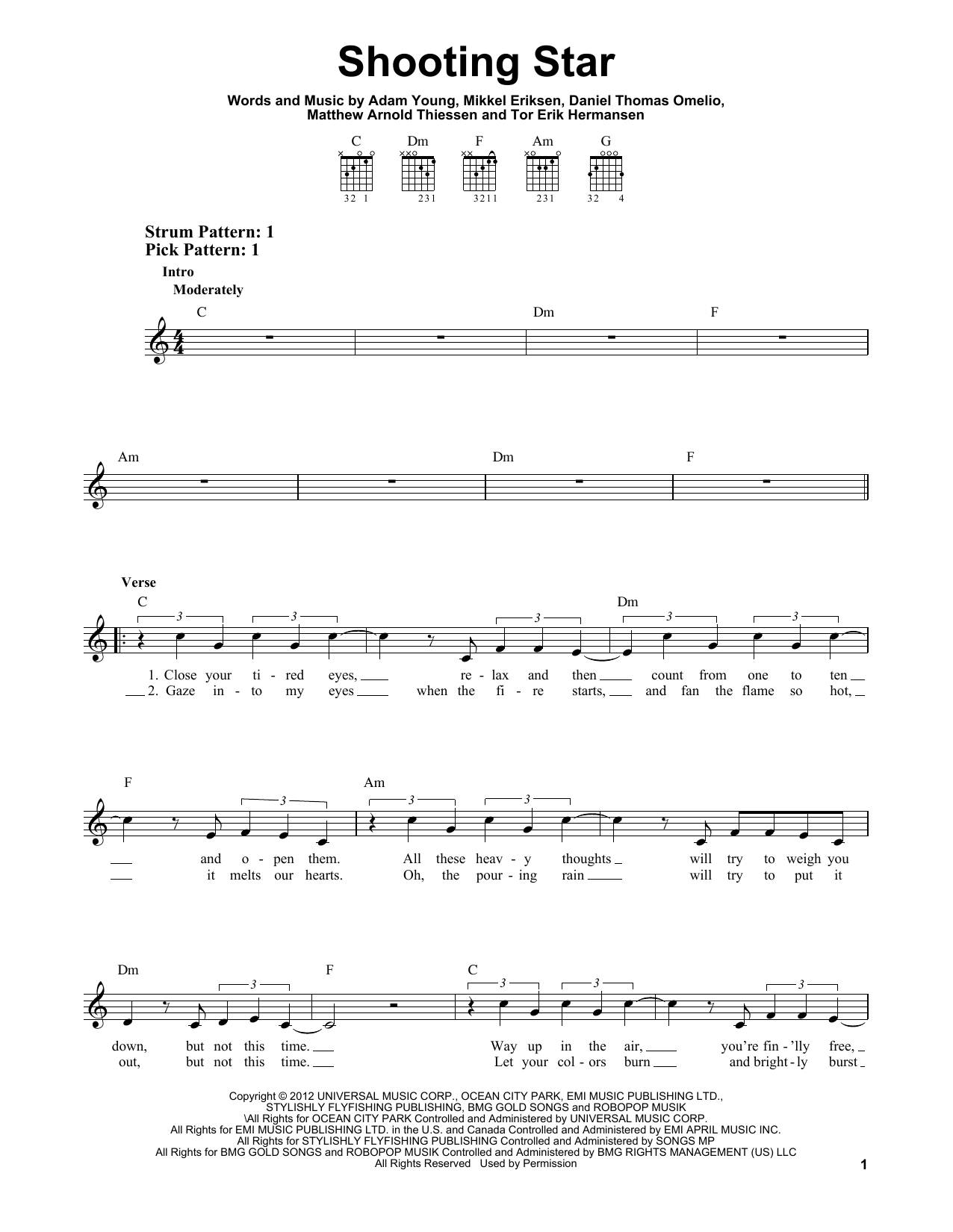 Owl City Shooting Star sheet music notes and chords arranged for Easy Guitar