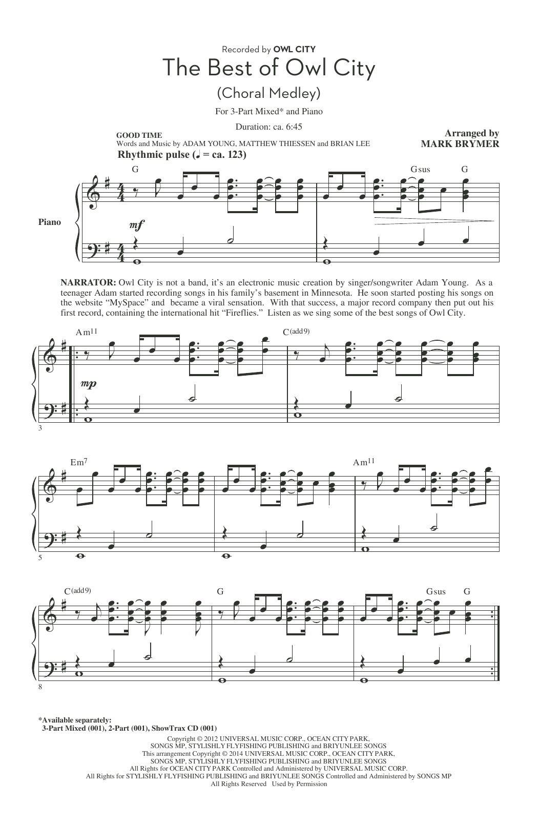 Owl City The Best of Owl City (Choral Medley) (arr. Mark Brymer) sheet music notes and chords arranged for 3-Part Mixed Choir