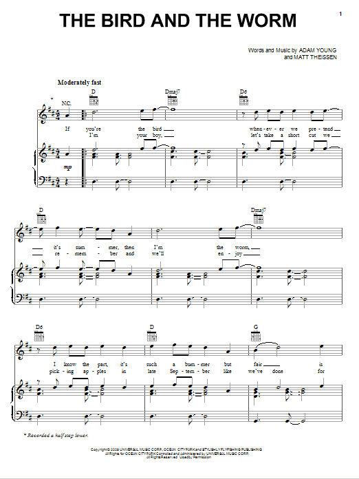 Owl City The Bird And The Worm sheet music notes and chords arranged for Piano, Vocal & Guitar Chords (Right-Hand Melody)