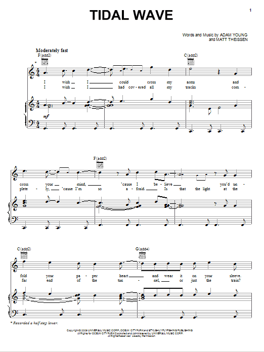 Owl City Tidal Wave sheet music notes and chords arranged for Easy Piano