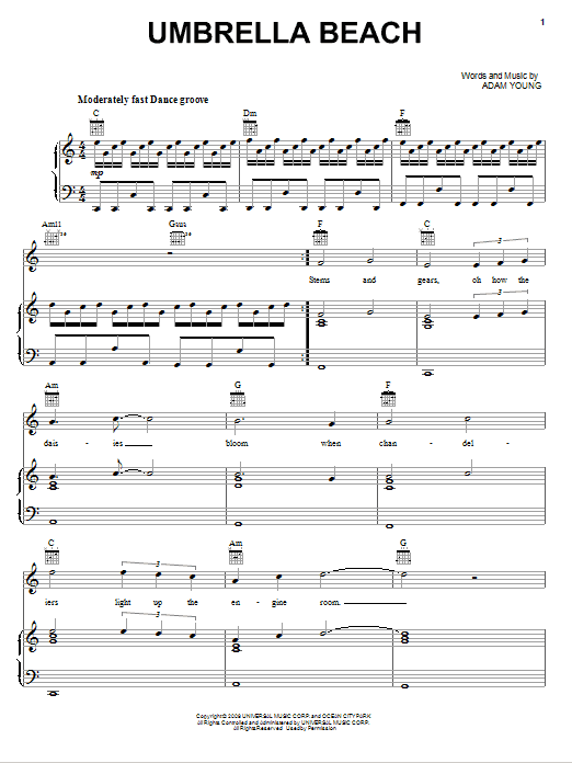 Owl City Umbrella Beach sheet music notes and chords arranged for Piano, Vocal & Guitar Chords (Right-Hand Melody)