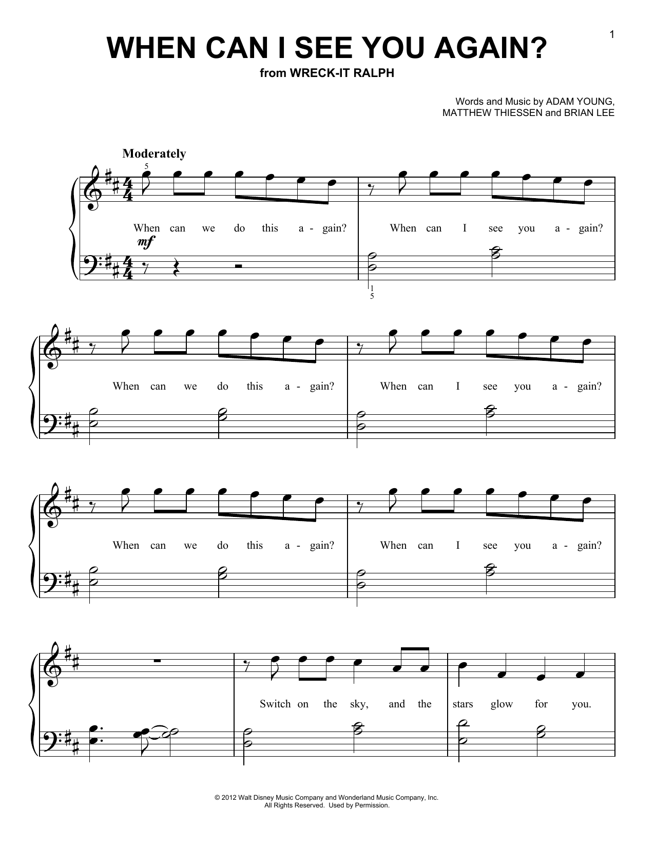 Owl City When Can I See You Again? (from Wreck-It Ralph) sheet music notes and chords arranged for Very Easy Piano