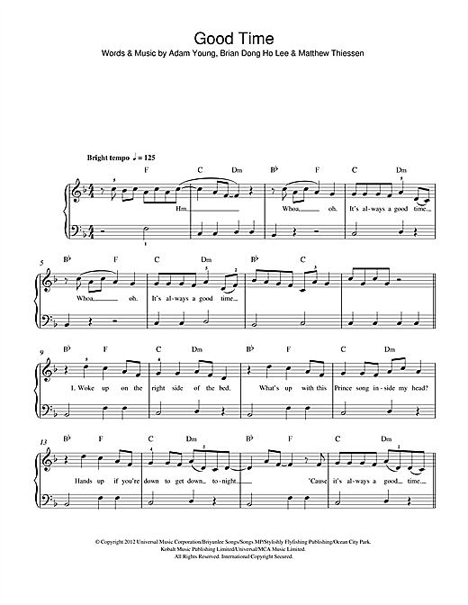 Owl City Good Time (feat. Carly Rae Jepsen) sheet music notes and chords arranged for Easy Piano