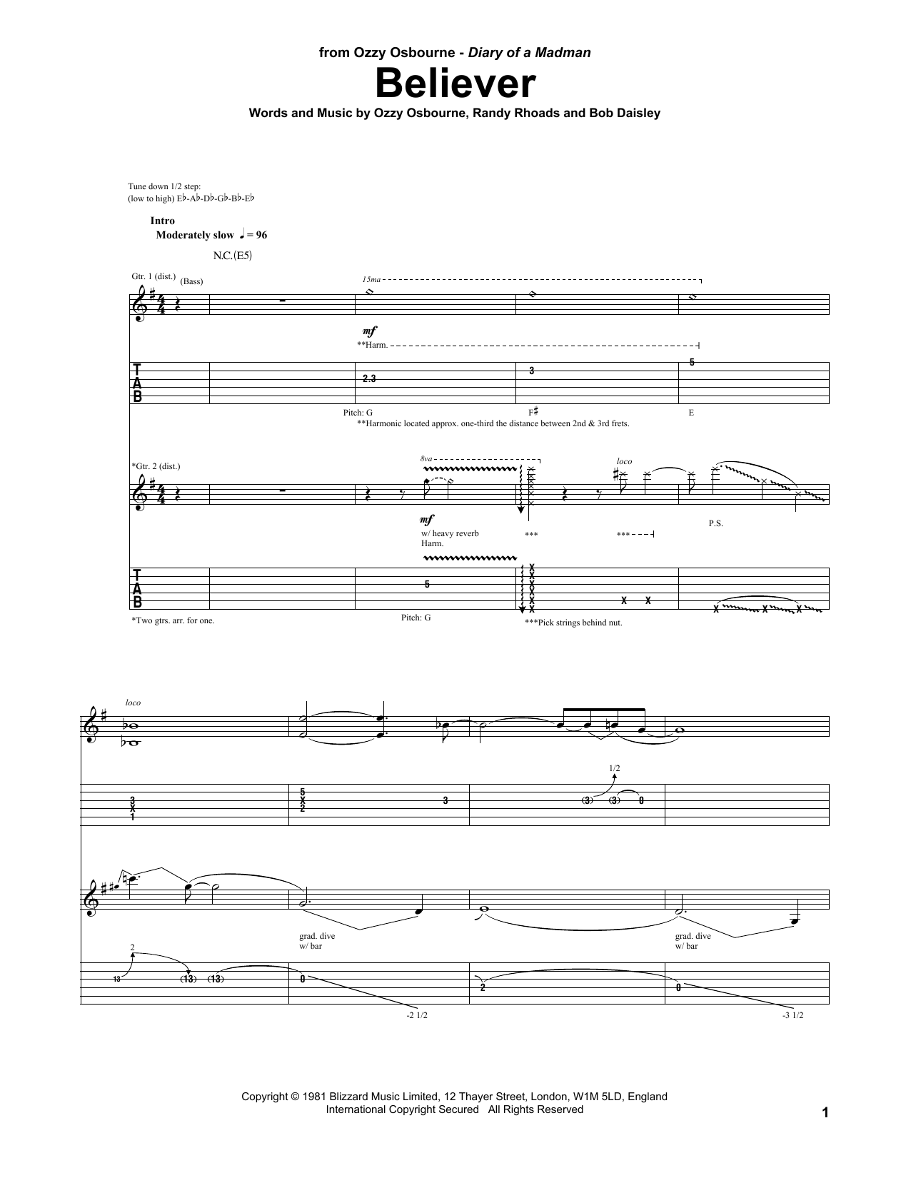 Ozzy Osbourne Believer sheet music notes and chords arranged for Guitar Tab