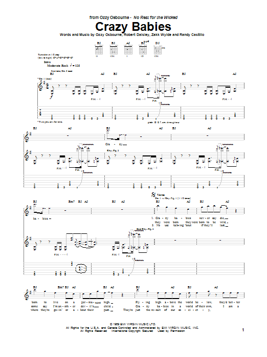 Ozzy Osbourne Crazy Babies sheet music notes and chords arranged for Guitar Tab (Single Guitar)