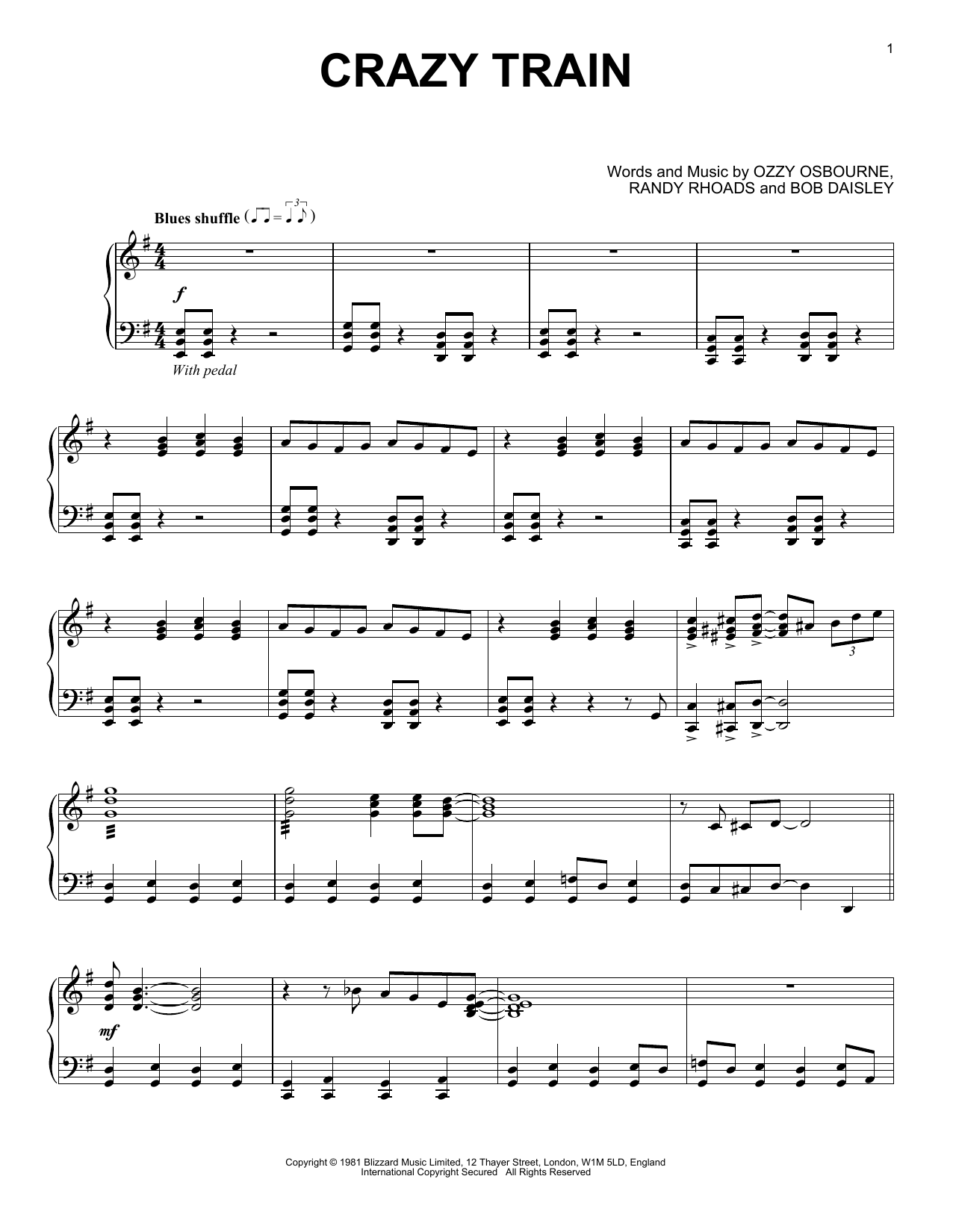 Ozzy Osbourne Crazy Train [Jazz version] sheet music notes and chords arranged for Piano Solo
