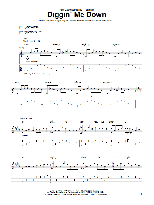 Ozzy Osbourne Diggin' Me Down sheet music notes and chords arranged for Guitar Tab