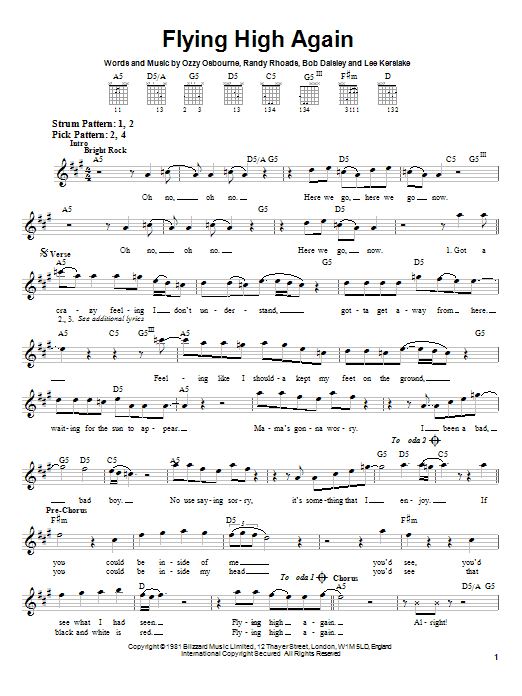 Ozzy Osbourne Flying High Again sheet music notes and chords arranged for Solo Guitar