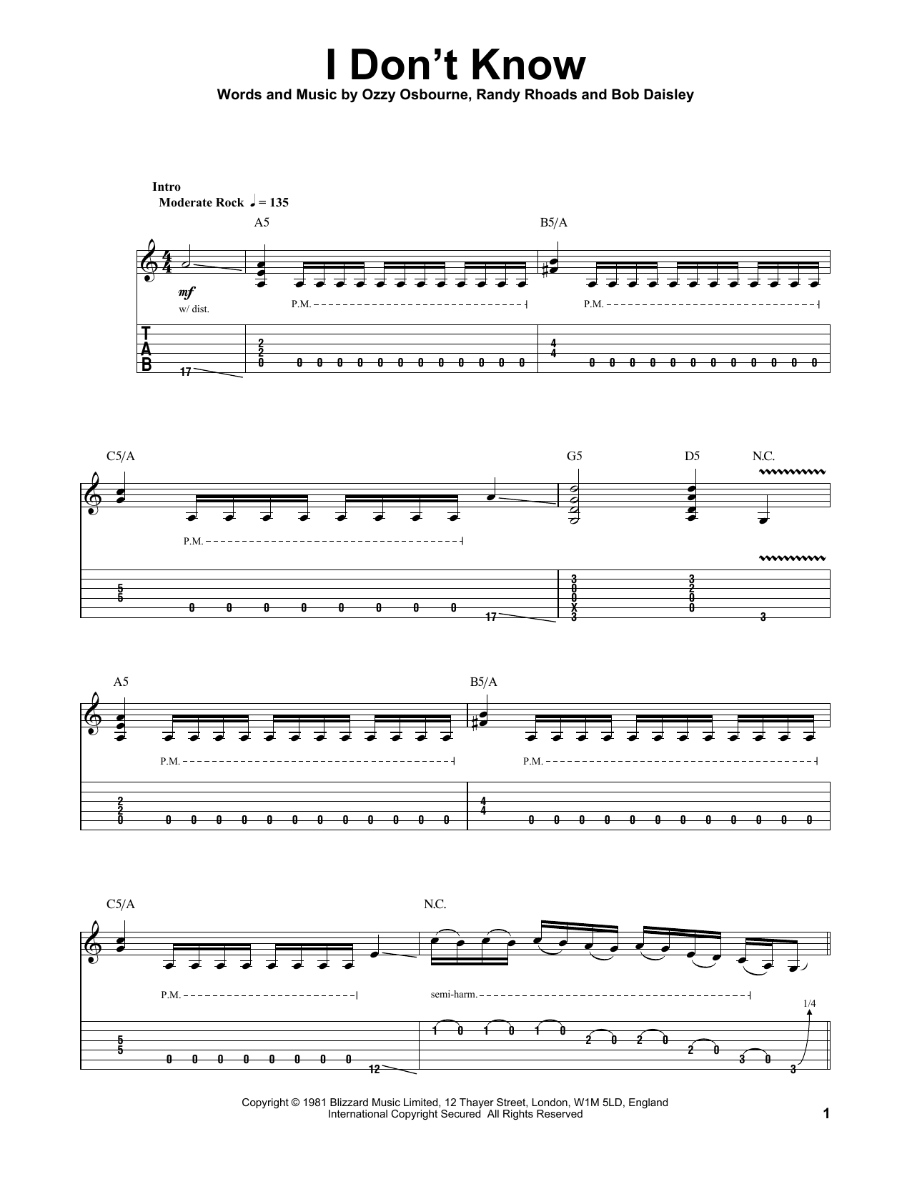 Ozzy Osbourne I Don't Know sheet music notes and chords arranged for Guitar Tab