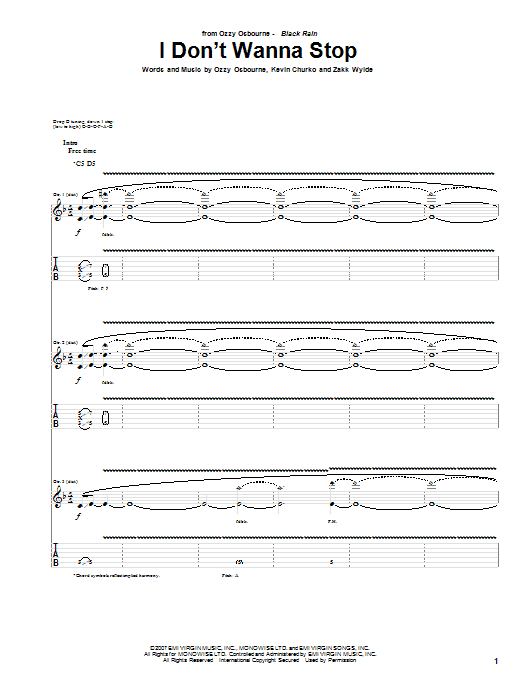 Ozzy Osbourne I Don't Wanna Stop sheet music notes and chords arranged for Guitar Tab (Single Guitar)