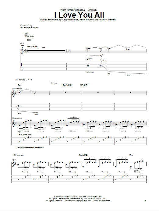 Ozzy Osbourne I Love You All sheet music notes and chords arranged for Guitar Tab