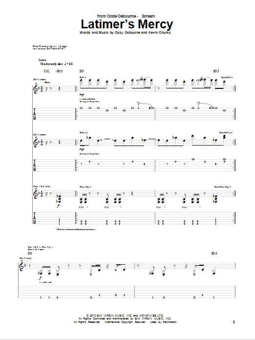 Ozzy Osbourne Latimer's Mercy sheet music notes and chords arranged for Guitar Tab