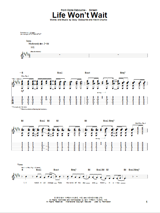 Ozzy Osbourne Life Won't Wait sheet music notes and chords arranged for Guitar Tab