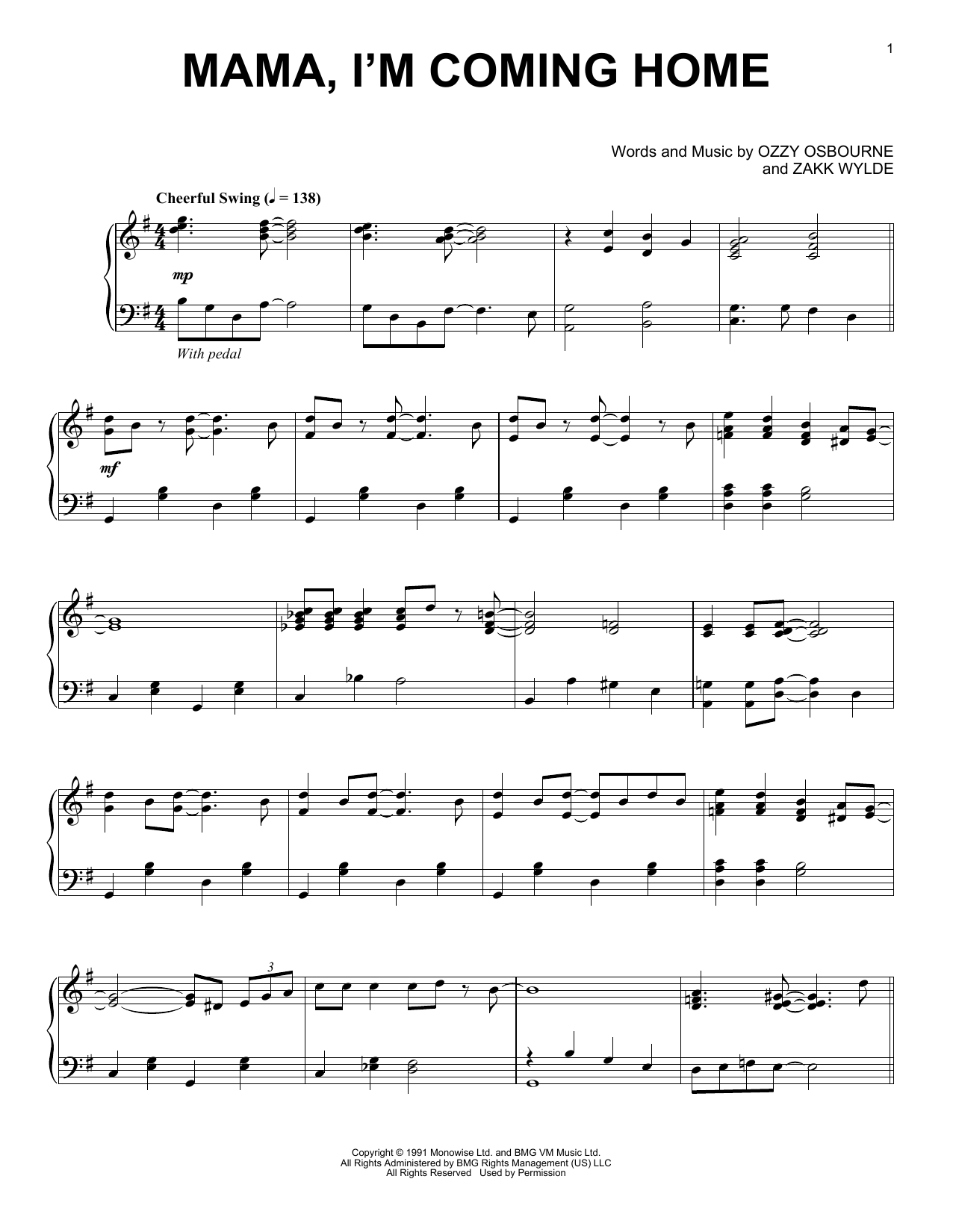 Ozzy Osbourne Mama, I'm Coming Home [Jazz version] sheet music notes and chords arranged for Piano Solo