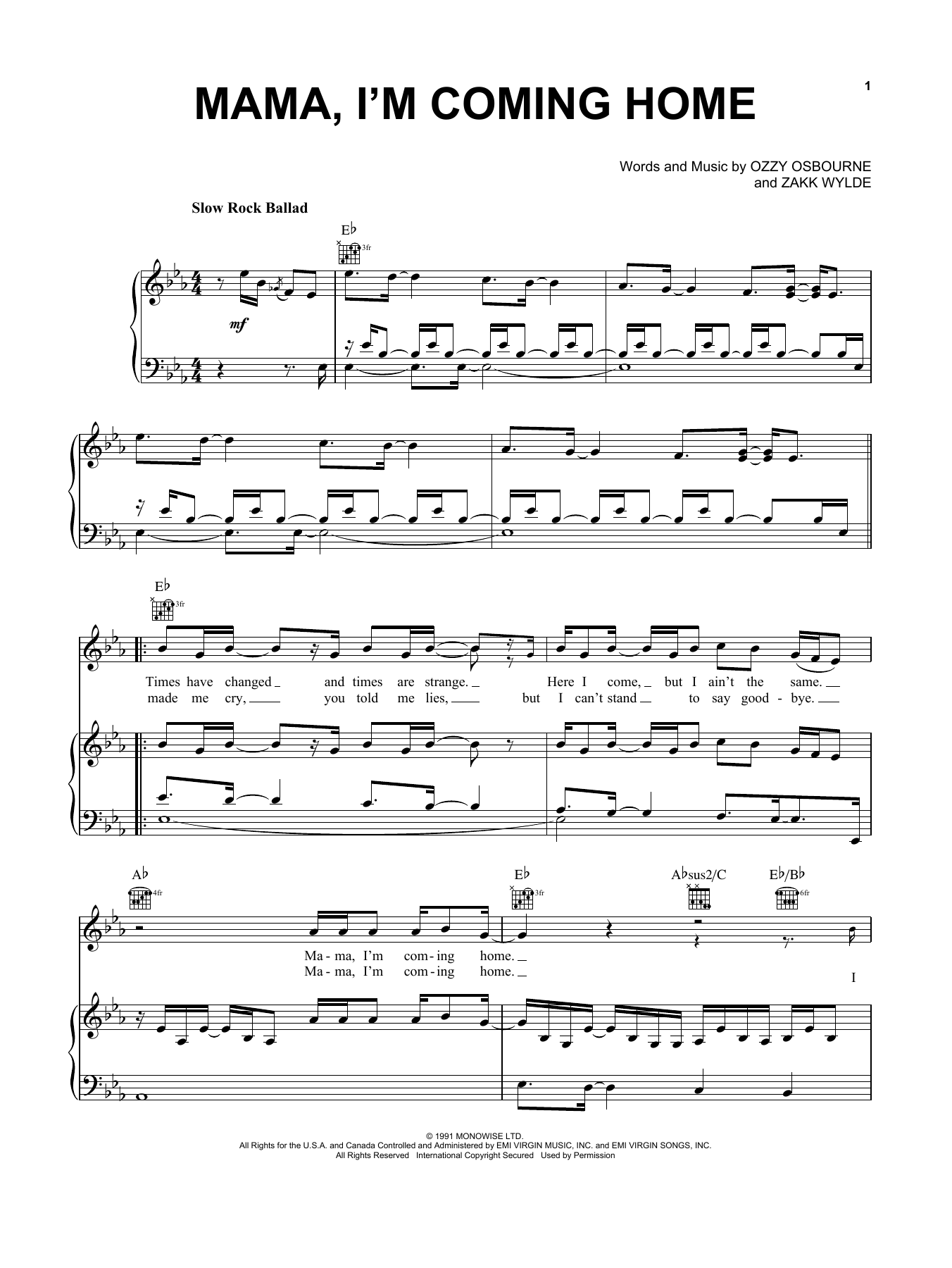 Ozzy Osbourne Mama, I'm Coming Home sheet music notes and chords arranged for Guitar Tab (Single Guitar)