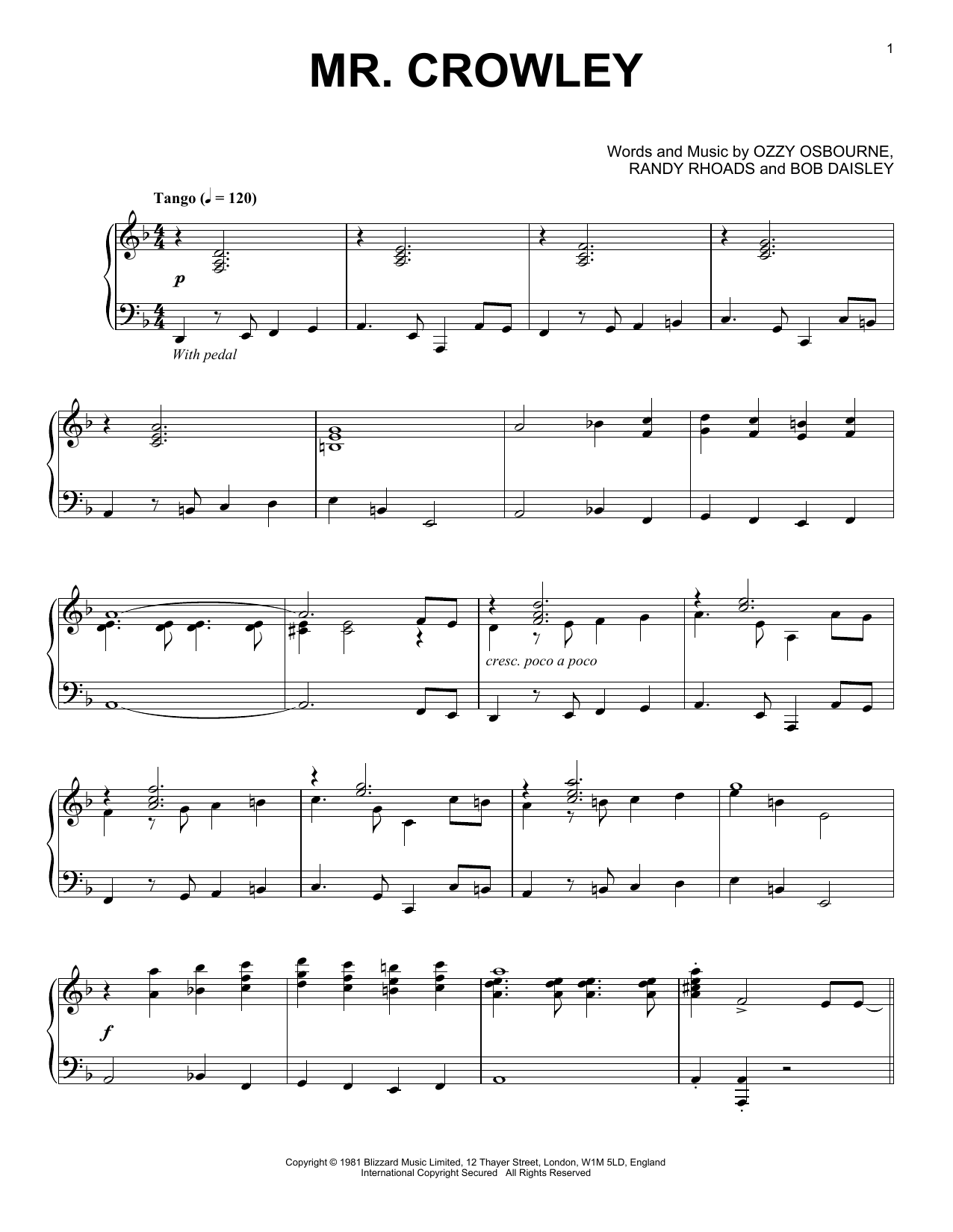 Ozzy Osbourne Mr. Crowley [Jazz version] sheet music notes and chords arranged for Piano Solo