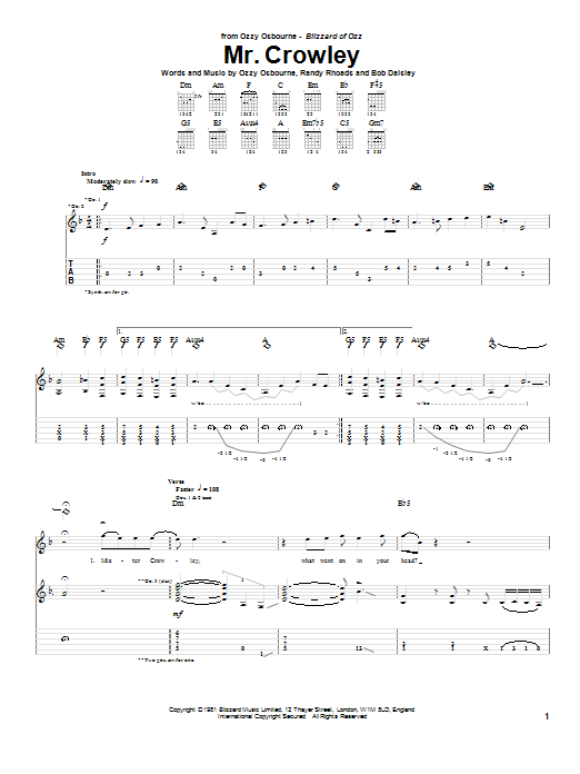 Ozzy Osbourne Mr. Crowley sheet music notes and chords arranged for Guitar Tab (Single Guitar)