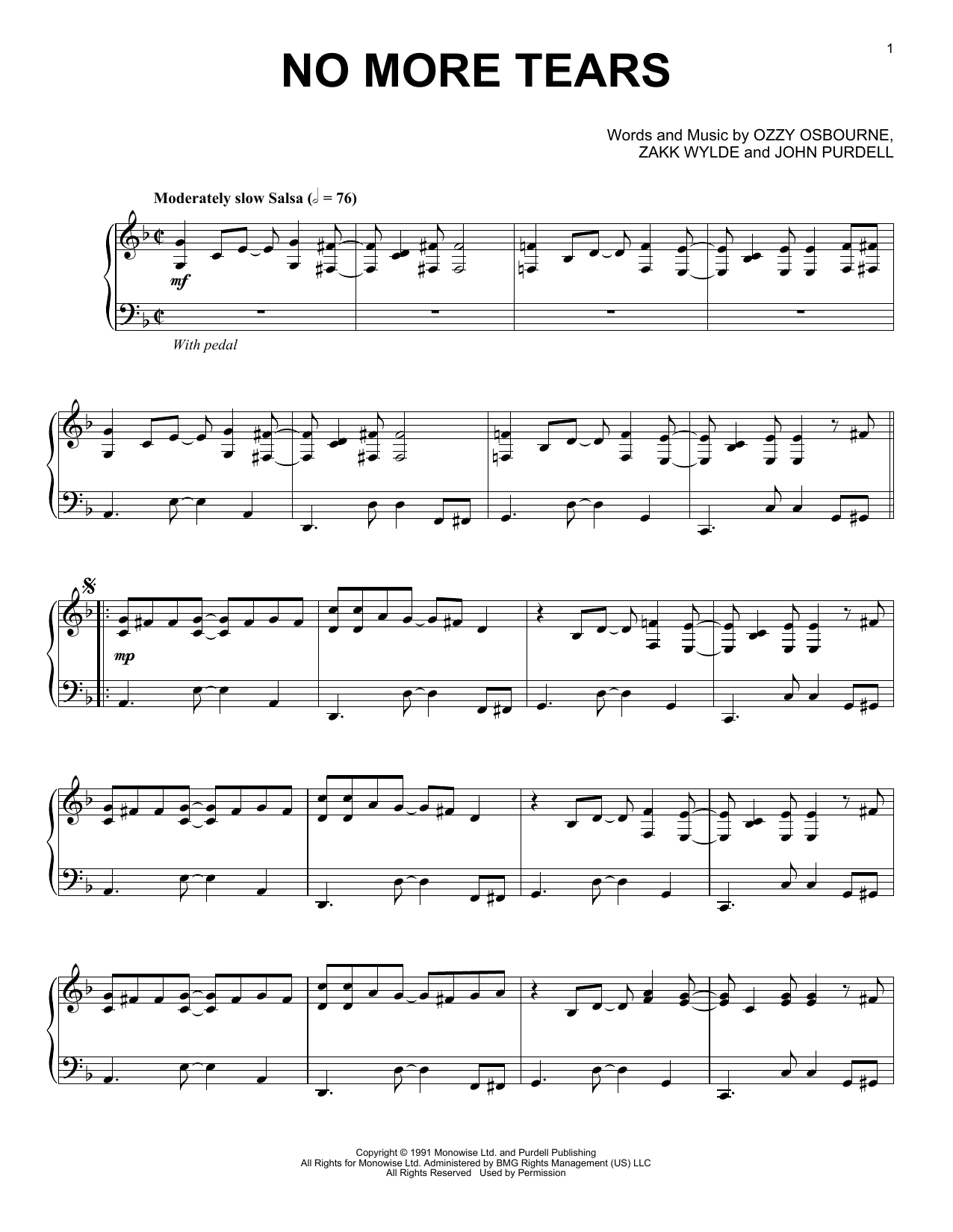 Ozzy Osbourne No More Tears [Jazz version] sheet music notes and chords arranged for Piano Solo