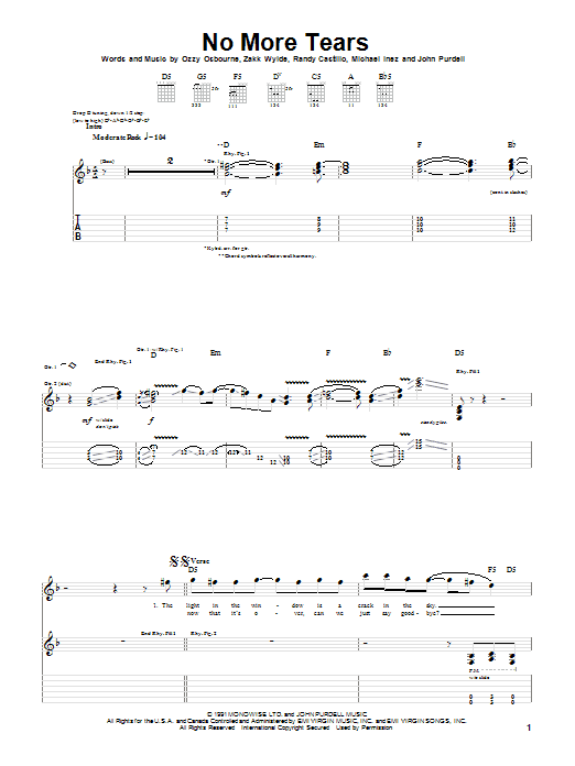 Ozzy Osbourne No More Tears sheet music notes and chords arranged for Guitar Tab (Single Guitar)