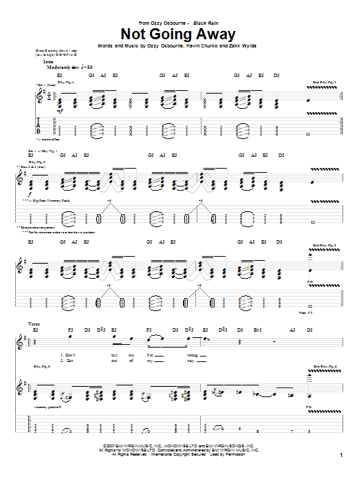 Ozzy Osbourne Not Going Away sheet music notes and chords arranged for Guitar Tab
