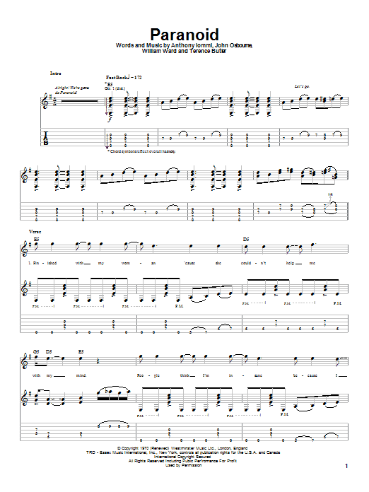 Ozzy Osbourne Paranoid sheet music notes and chords arranged for Guitar Tab