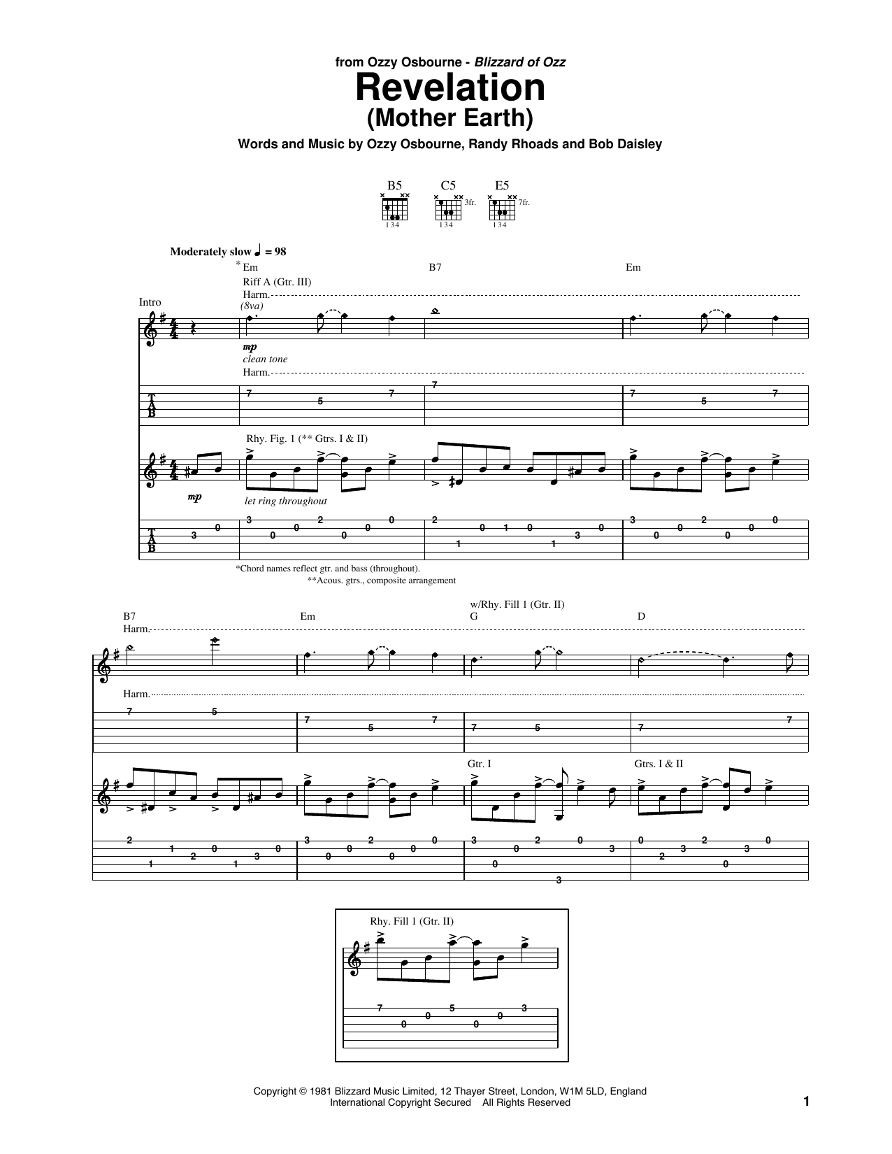 Ozzy Osbourne Revelation (Mother Earth) sheet music notes and chords arranged for Guitar Tab